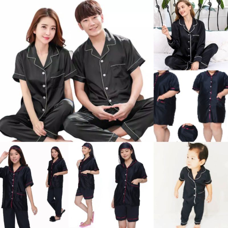 PIYAMA COUPLE KELUARGA SET BAJU TIDUR PASANGAN ANAK DAN IBU SATIN POLOS HITAM PIAMA LENGAN PANJANG