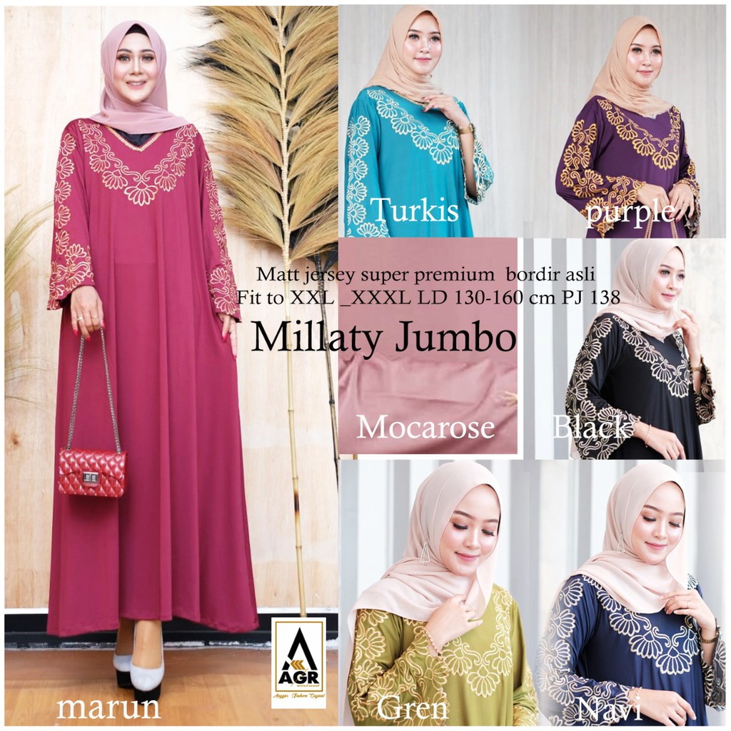 Millaty Baju Gamis Wanita Terbaru Gamis Jumbo LD 130 - 160 cm Bahan Jersey Super Bordir Asli