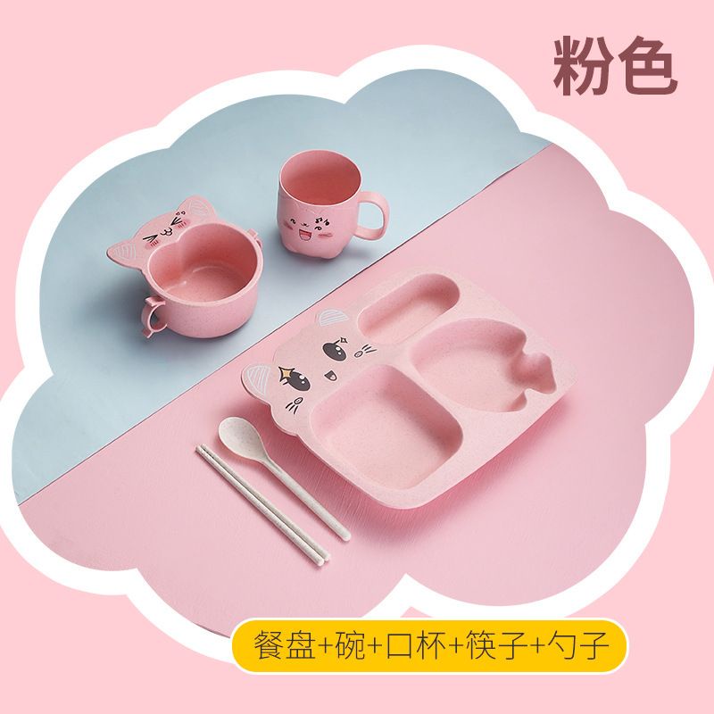 Wheat Straw Cutlery Set / Alat Makan Anak Set 5 Piring Gelas Mangkok Sendok Sumpit Jerami Gandum