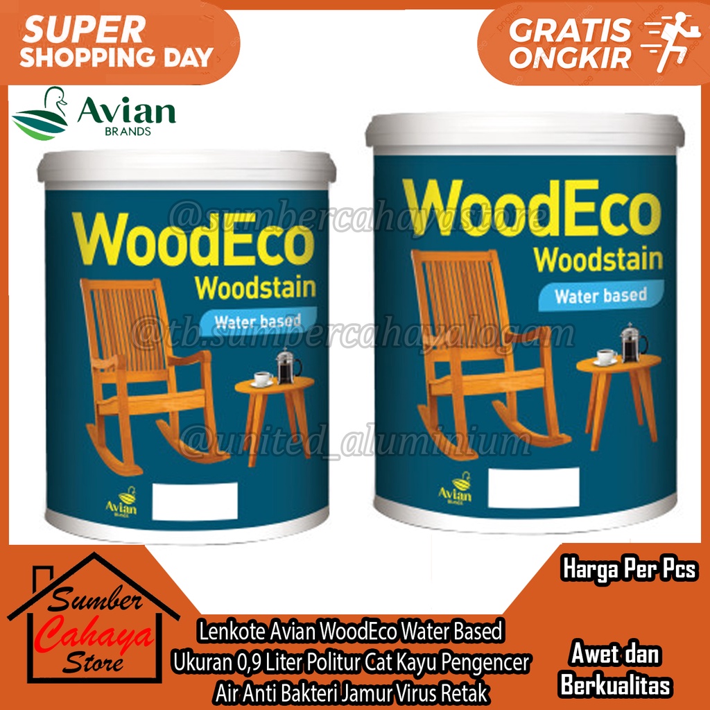 Lenkote Avian WoodEco WoodStain Water Based Ukuran 0,9 Liter L Lt Lter Politur Cat Kayu Pengencer Ai