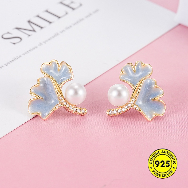 Anting Tusuk Sterling Silver 925 Lapis Emas 18K Desain Daun Ginkgo Hias Mutiara + Berlian Untuk Wanita