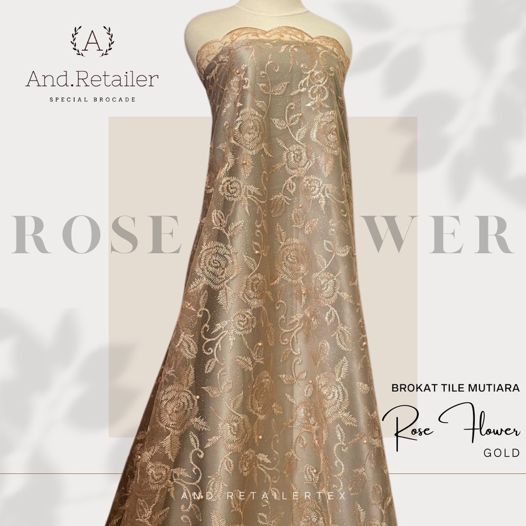 Kain bahan Kebaya Brokat Tile Mutiara Rose Flower warna Gold Emas