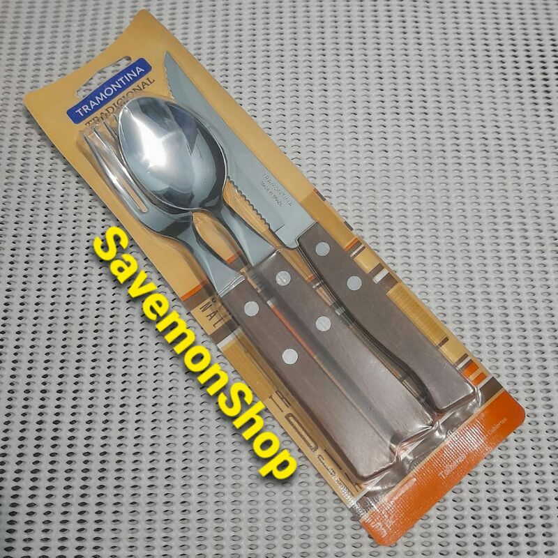 Pisau Garpu Sendok Steak 3 Buah Tramontina Original Brazil | Pisau Steak Daging Gagang Kayu Original