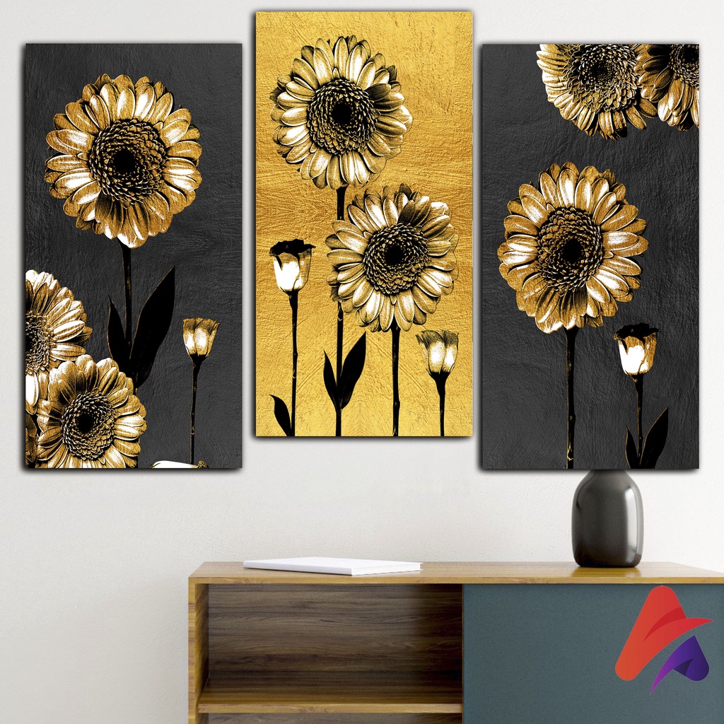 HIASAN DINDING BUNGA GOLD REALISTIC (15X30CM) WALL DECOR PAJANGAN DINDING POSTER KAYU RUANGAN