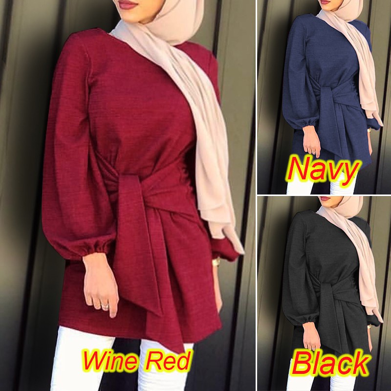 ZANZEA Women Puff Sleeve Solid Color Front Lace-up Muslim Blouse