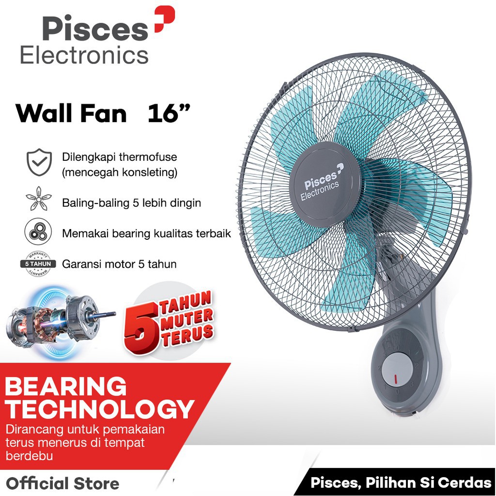 Kipas Angin Dinding Pisces / Wall Fan Pisces 16" 1611 PRO dengan Teknologi Bearing & Thermofuse