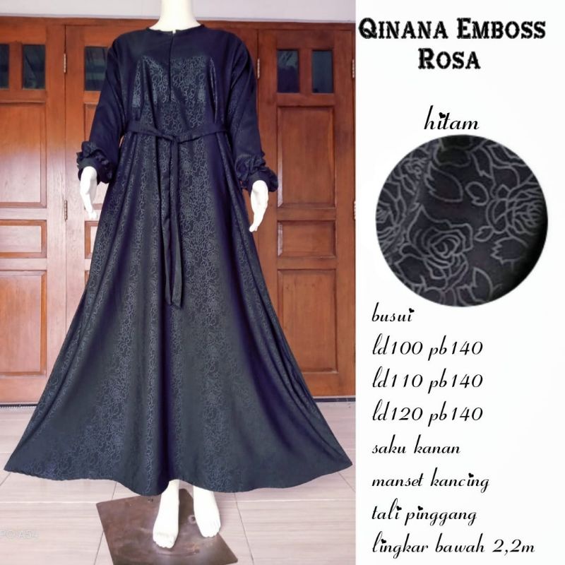 gamis syari wolfis embos motif-qinana hitam rosa