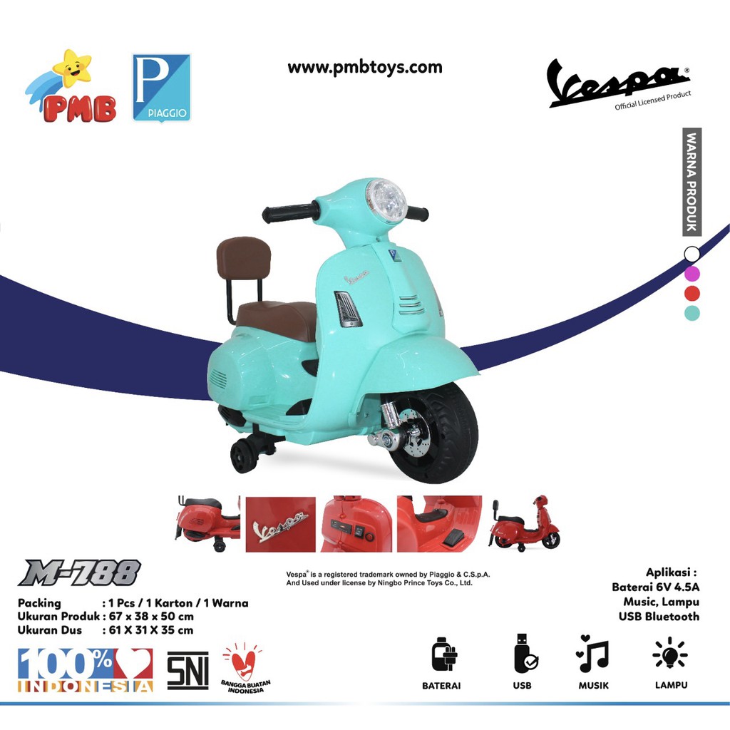 Motor Aki Anak PMB M-788 VESPA OFFICIAL LICENSED Mainan Motor Anak