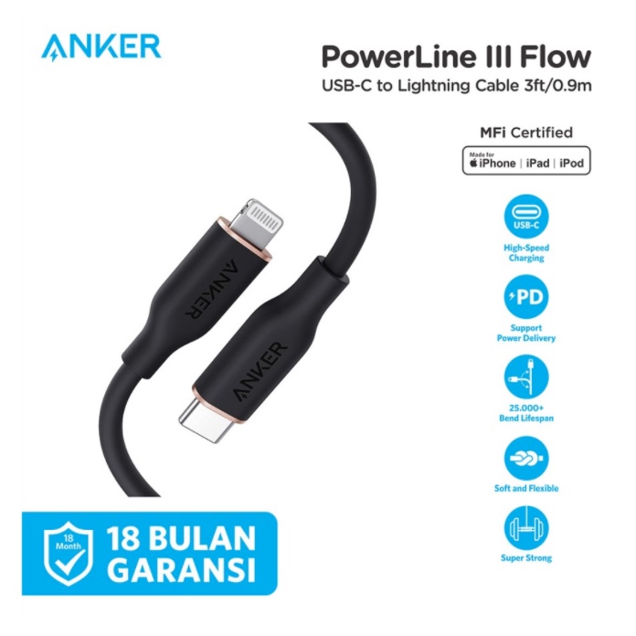 Anker Kabel Charger Powerline III Flow Type C to Lightning 3ft - A8662