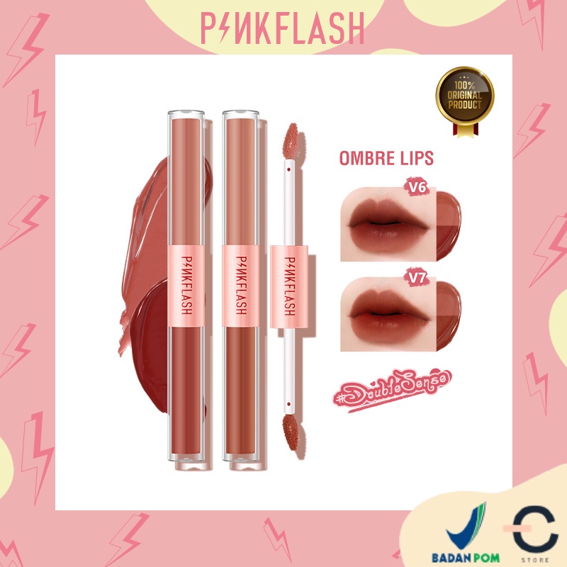 [ORI BPOM] PINKFLASH Duo Lip Gloss Lipstik Ombre DoubleSense 2 IN 1 Dual-ended Lipstick ombrelips Liquid Matte lipstik Velvet Tint Lightweight High Pigment Lasting PF-L13