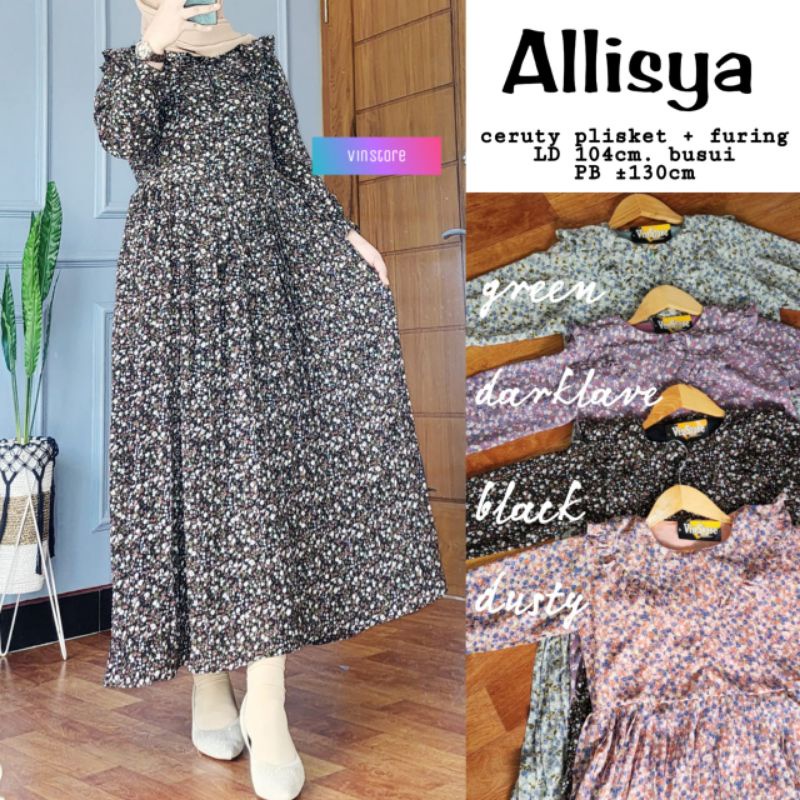 Dress Muslim Motif Bunga Cerutty Plisket / ALLISYA BY VINSTORE