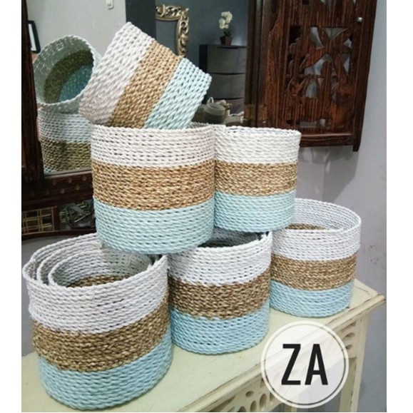 cover pot seagrass biru pastel mix / Coverpot Seagrass biru