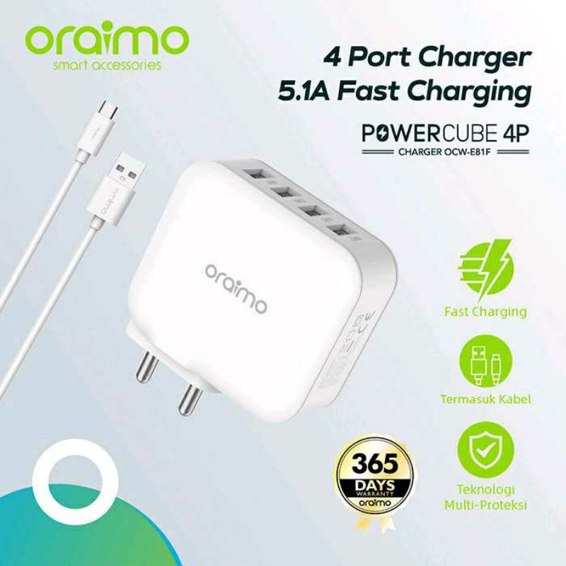 Fast Charger Adaptor HP 4 Port USB 5.1A Oraimo Charger Kit OCW-E81F