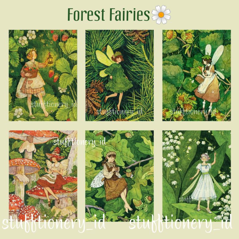

set art sticker / 6 fairies mushrooms art / fairy stickers/ mushroom stickers / vintage stickers/ vintage fairy