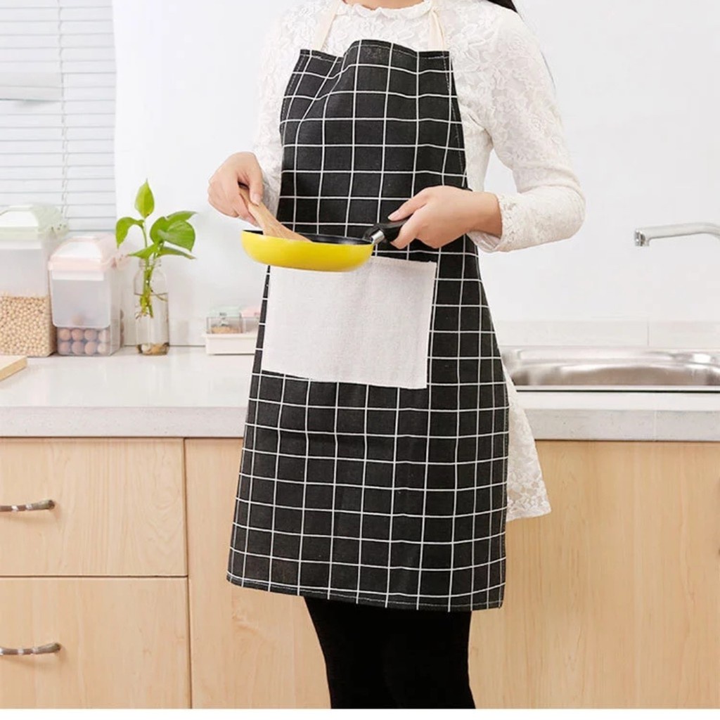 Celemek Masak APRON Dapur Korean Style Kain KANVAS Motif Kotak Kotak