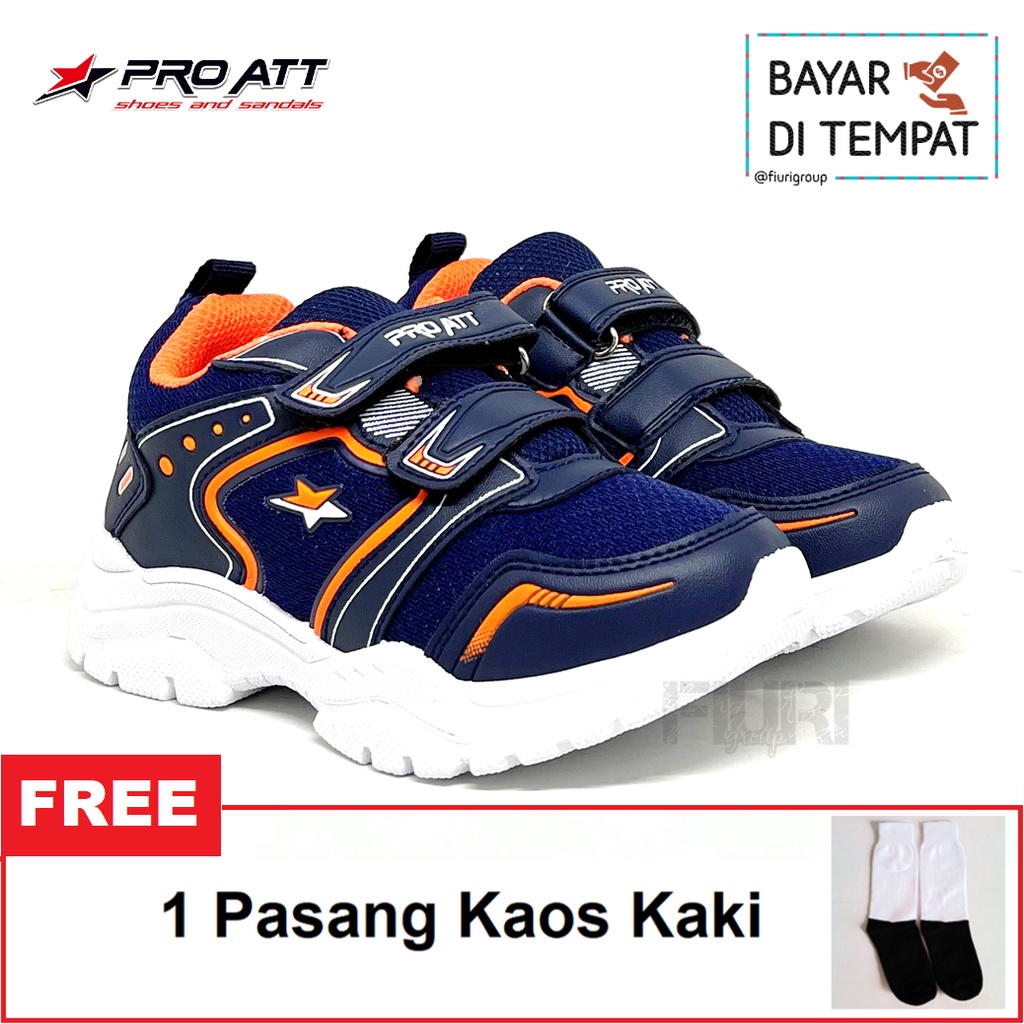 FIURI - Pro ATT Original - KIM PEREKAT 28-33 NAVY ORANYE - Sepatu Kets Anak Perempuan Laki-Laki -Sepatu Sneakers Anak - Sepatu Olahraga Sport Anak Balita Cewek Cowok Perekat - Sepatu Casual PEREKAT Anak Kecil - Sepatu Sekolah Hitam Anak PAUD TK SD Murah