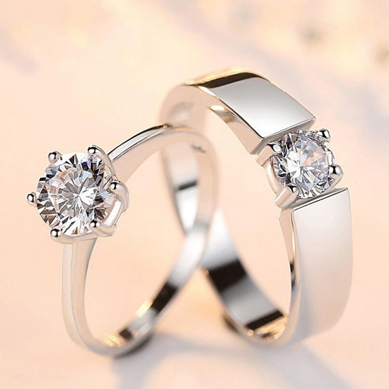 2Pcs Cincin Halo Silver 925 Asli Zirkon Cincin Tidak Pudar Hadiah terbaik（1 pasangan = 2Pcs Cincin)Adjustable Size