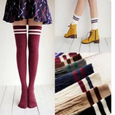 KT-01 overknee socks KAOS KAKI panjang sepaha over knee black hitam 2 strip tebal