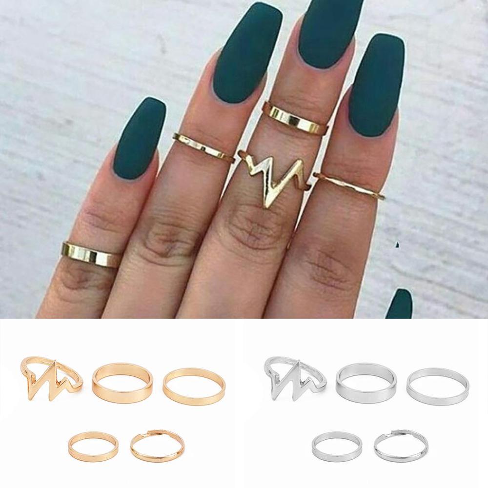 Timekey 5pcs / Set Cincin Buku Jari Aneka Bentuk Warna Gold / Silver Untuk Wanita A1K9