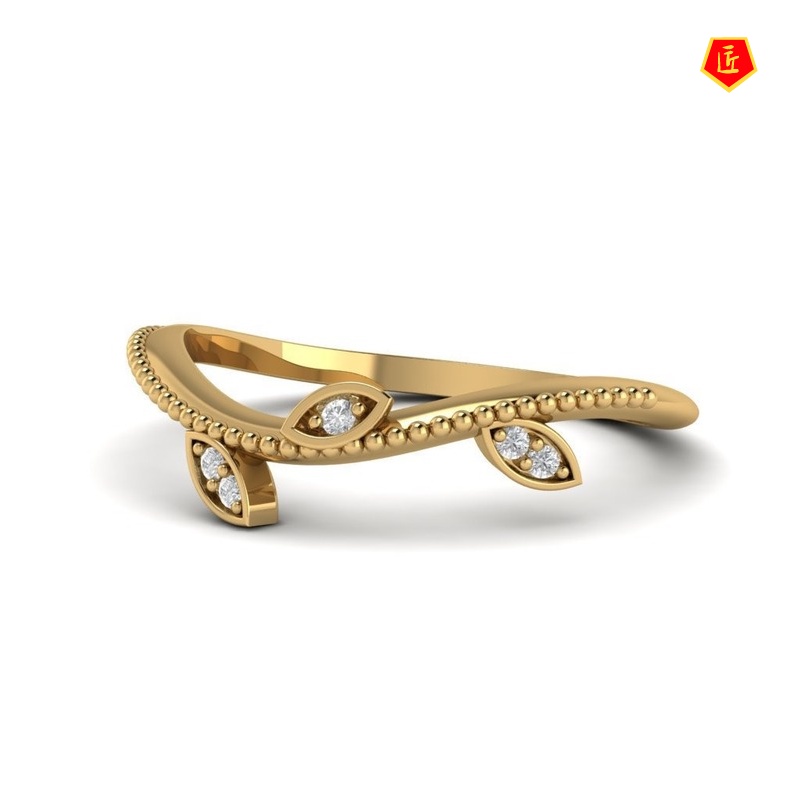 [Ready Stock]Simple Elegant 14K Gold Leaves Diamond-Studded Ring