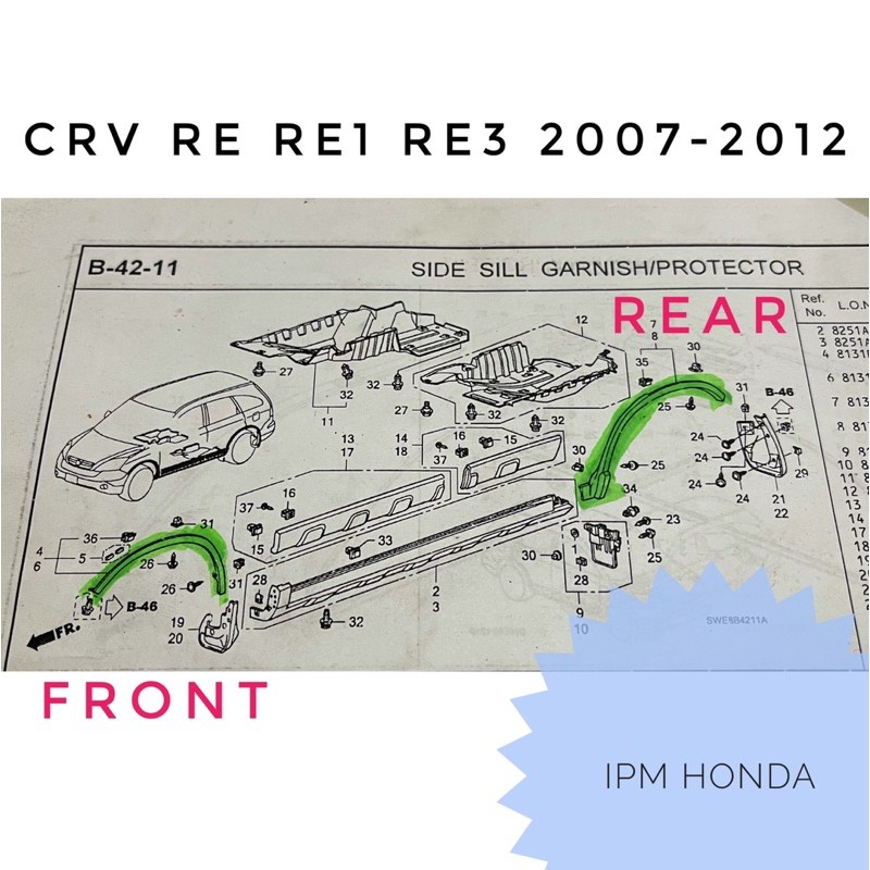 Original Garnish Spakbor List Cover Fender Depan Honda CRV RE Gen 3 2007 2008 2009 2010 2011 2012 74115 SWA Kanan 74165 SWA Kiri