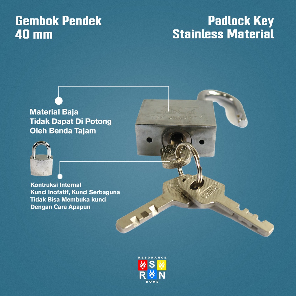 Kunci Gembok Rumah 40 M / Leher Pendek Iron Padlock Resonance Home