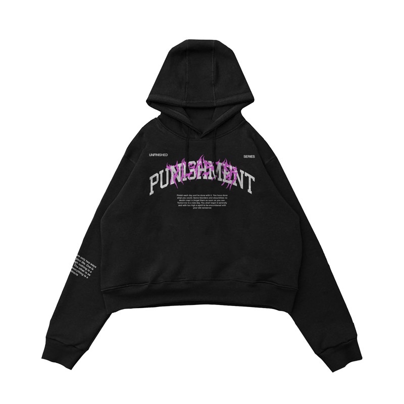 CROP HOODIE OVERSIZE PRIA WANITA UNIFINISHED PUNISHMENT BLACK MOTIF DISASTER PREMIUM HIGHT QUALITY