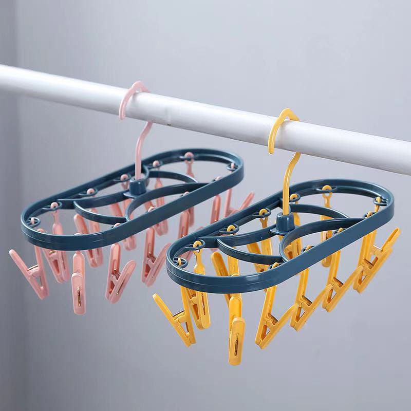 Jemuran Baju Hanger Traveling Lipat Dengan  12 Penjepit Kaos Kaki Pakaian JKT