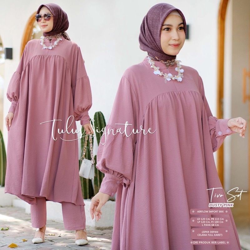 Tiva Set/Stelan Long Tunik Cringkle Premium Tangan Balon/One Set Long Tunik Cringkle Airflow Terbaru