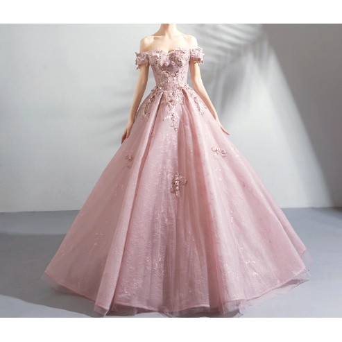 Gaun Pengantin Mewah Appliques merah muda Full Manik-manik