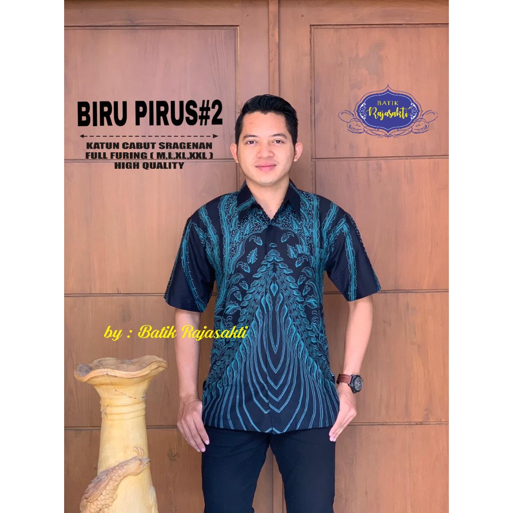 BIRU PIRUS 2 Kemeja Batik Pria Lengan Pendek Katun Halus FULL FURING Rajasakti