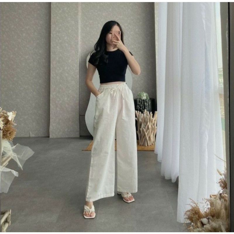 Celana Kulot Katun Linen Wanita Rami Highwaist Pinggang Karet Tali