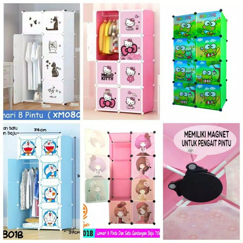 Lemari Plastik Portable 8 Pintu Karakter Doraemon Hello Kitty Keropi