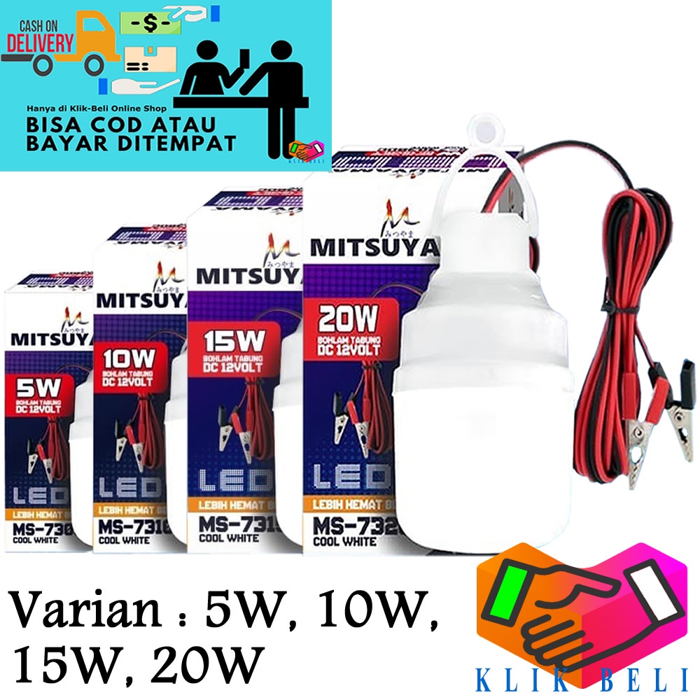 Lampu Bohlam Tabung Aki DC 12V Jepit Baterai LED Kapsul Mitsuyama 5W / 10W / 15W / 20W Model Capsule Putih Panjang Kabel 1,5 Meter