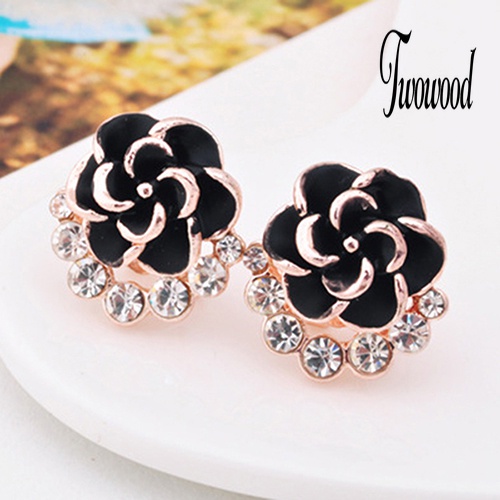 Anting Stud Desain Bunga Peony Camellia Bahan Alloy Aksen Berlian Imitasi Untuk Wanita