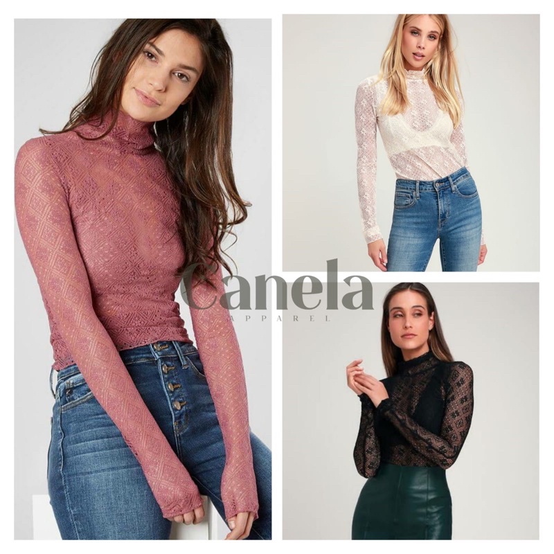 Free People Sweet Memories Lace Turtleneck- Blouse Transparan Wanita