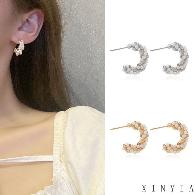 Perhiasan Anting Bentuk C Spiral Aksen Mutiara