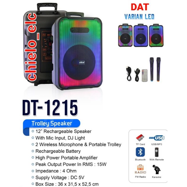 SPEAKER TROLLEY DAT 12INCH 2MIC 1210FT ,DAT DT1210FT ORIGINAL, SPEAKER PORTABLE DAT DT1215 DAT DT