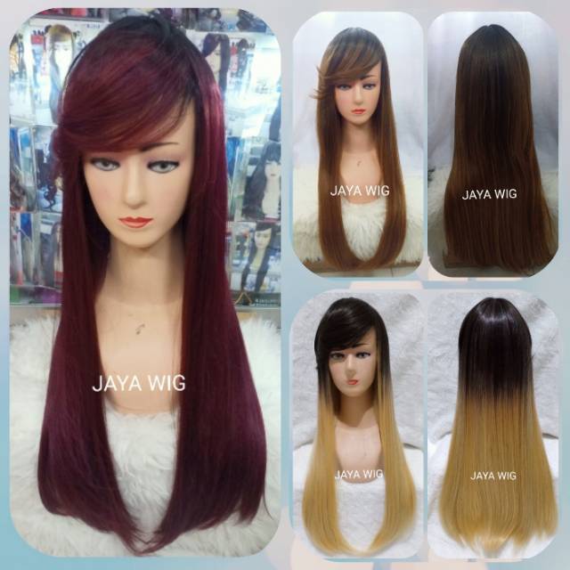 Wig Rambut Palsu Wanita Model Lurus Panjang Poni Samping Warna ombre / Wig Panjang