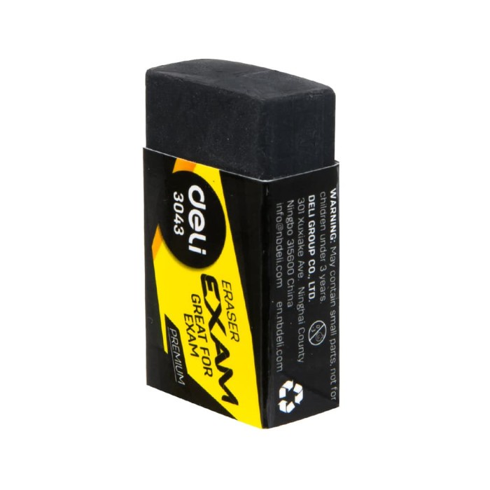 

TULIS-ALAT- DELI E3043 PENGHAPUS-EXAM ERASER 40×22×12MM SOFT 2B CLEAN BLACK -ALAT-TULIS.