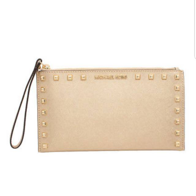 Michael Kors sandrine stud leather large zip clutch/ wristlet in pale gold.
