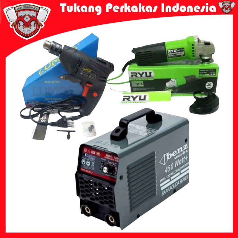 PAKET MESIN LAS 450 WATT TRAFO GERINDA BOR LISTRIK 10MM RYU BENZ