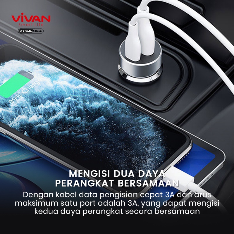 Car Charger VIVAN Casan Mobil 2 Ports USB-A &amp; Type C 20W 3A QC3.0 PD Fast Charging Garansi 1 Tahun VCC02 Silver ORIGINAL