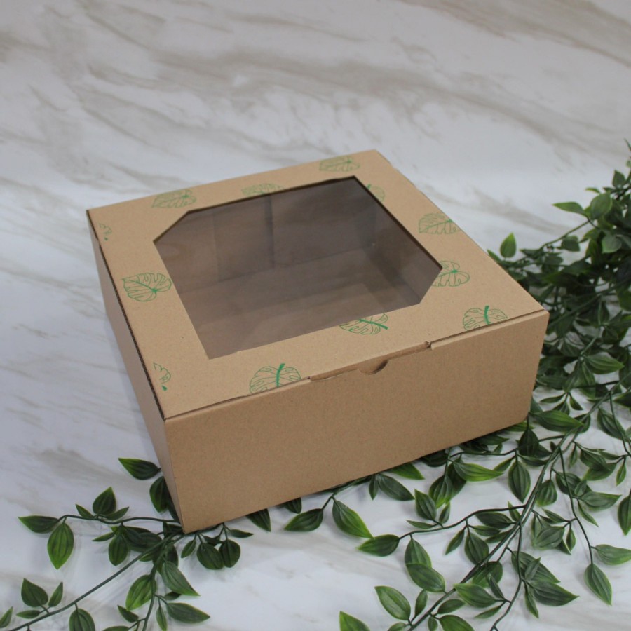 Kardus Kue Tutup Mika Die Cut Kotak Puding Dus Kemasan Makanan Food Packaging Coklat Daun 25,5x25x10