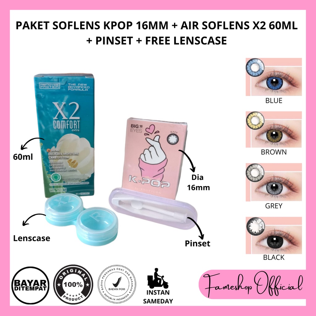 PAKET SOFTLENS KPOP DIA 16MM NORMAL &amp; MINUS + CAIRAN X2 60ML + PINSET + LENSCASE / COD INSTAN SAMEDAY / LENSA KONTAK / PAKET MURAH