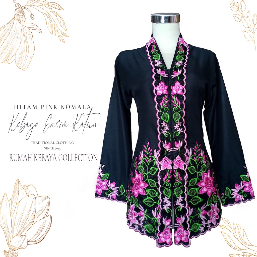 Kebaya Encim Kartini Katun Bordir Modern Hitam Pink Komala Lengan Panjang Bigsize Jumbo