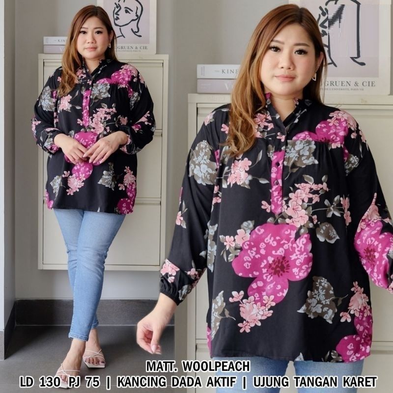 Baju Blouse Atasan Jumbo Prilya ld130 Wanita Bahan Woolpeach real pic motif bunga