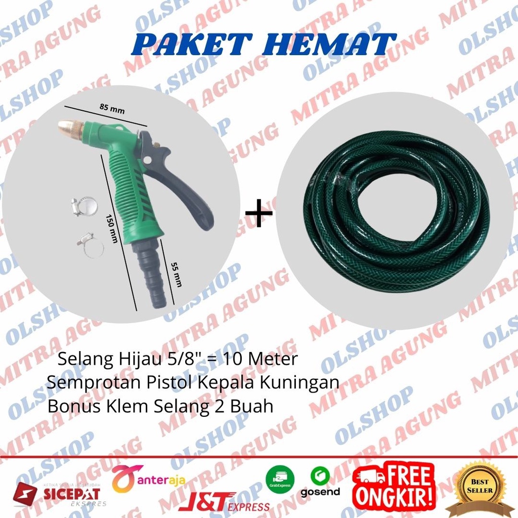 Paket 10Meter Selang Air 5/8&quot; inch + Semprotan Selang Anti Lumut Hijau &amp; Bening Semprot Taman Kebun