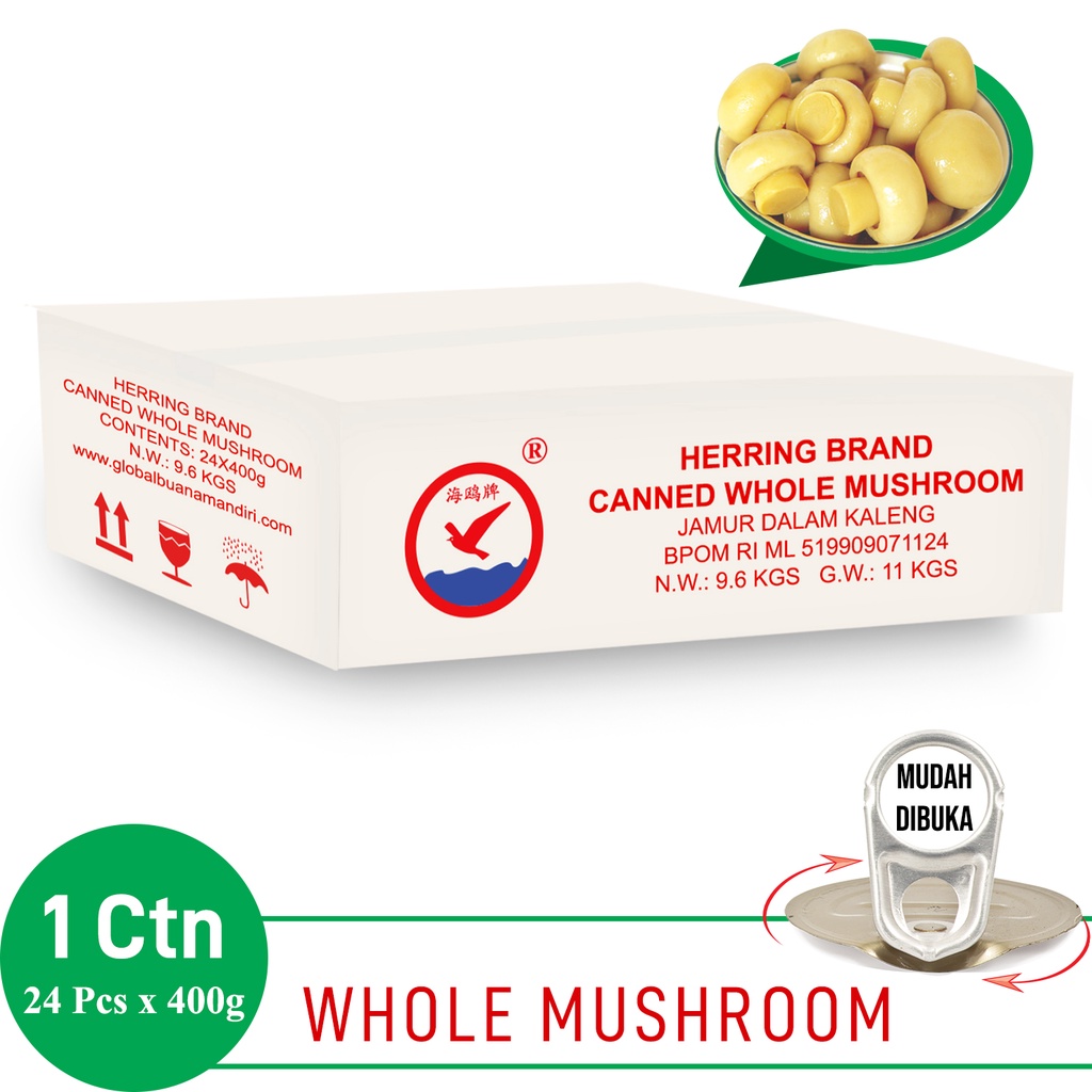 

Herring Brand whole mushroom Jamur Kancing dalam kaleng 400g - 1 Carton Dus