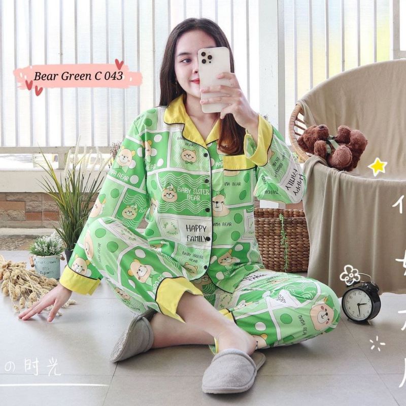 Piyama Wanita Lengan Panjang PP Motif Bunga Set Piyama Baju Tidur Wanita Remaja Baju Tidur ABG-PP geeen panda